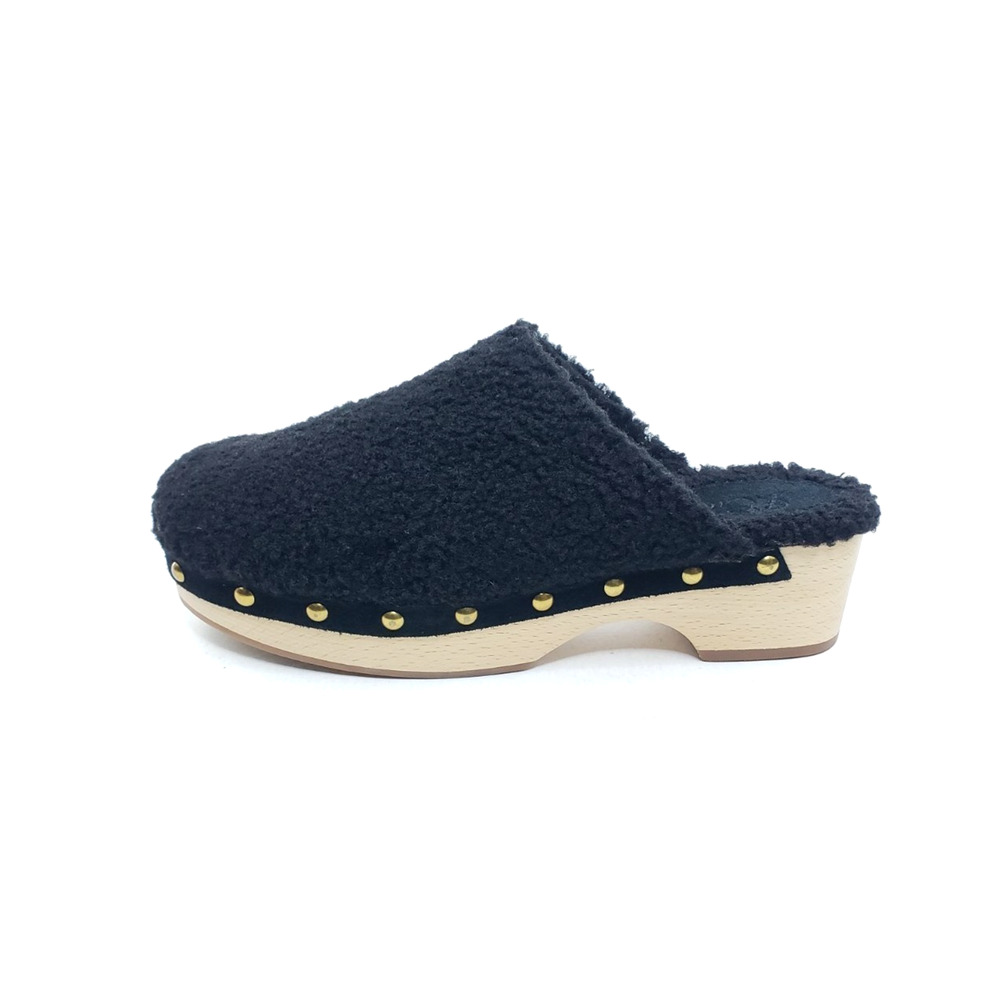 J. Crew Womens Sherpa Wooden Clogs Studded Black Faux Fur Mule Size 8.5
